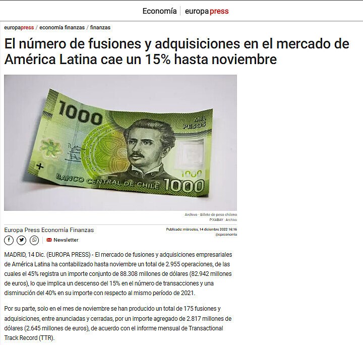 El nmero de fusiones y adquisiciones en el mercado de Amrica Latina cae un 15% hasta noviembre